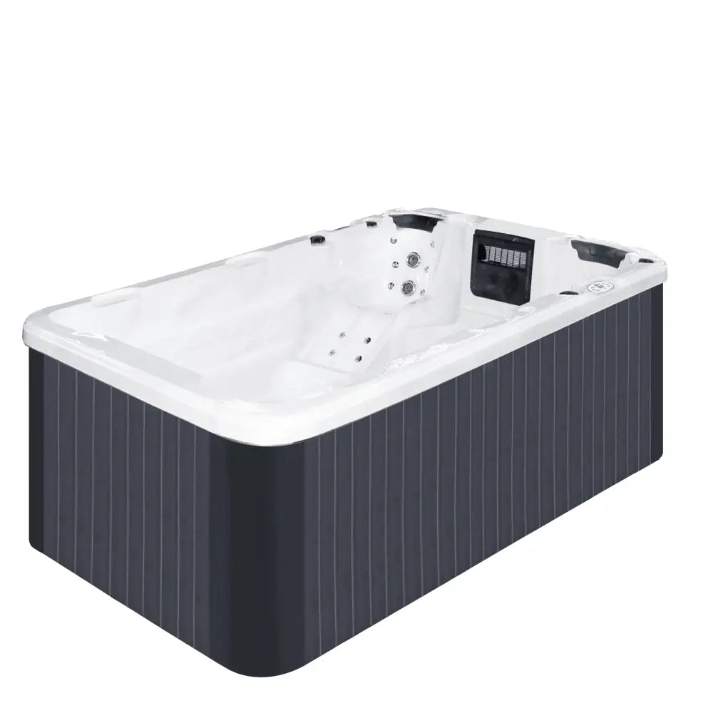 Modern PassionSpa Aquatic 1 Eco Swim Spa med vit interiör och mörkgrå randig exteriör Modern PassionSpa Aquatic 1 Eco Swim Spa med vit interiör och mörkgrå randig exteriör